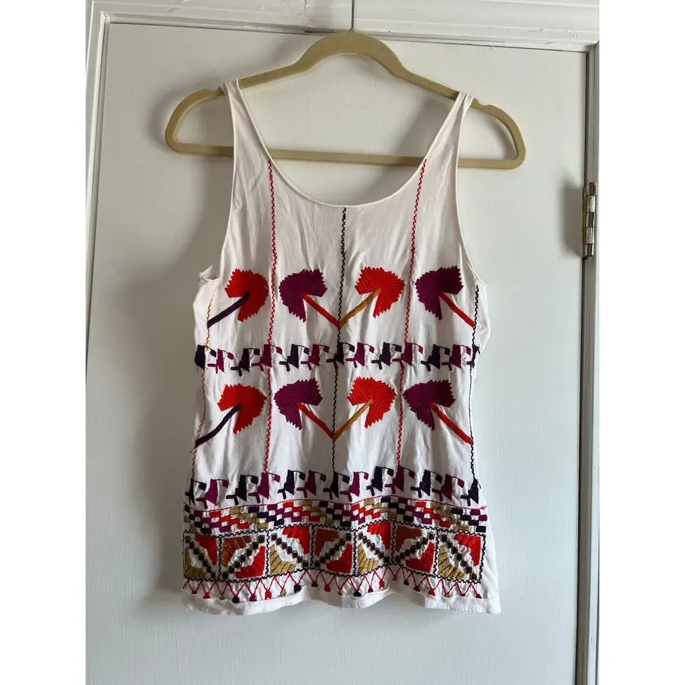 Tory Burch White Embroidered Flower Cotton Tank Sz S